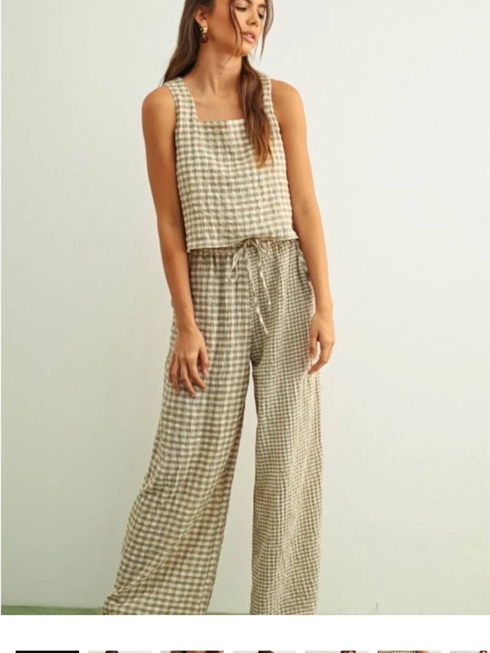 100% Cotton Mixed Gingham Print Wide Leg Pant Set